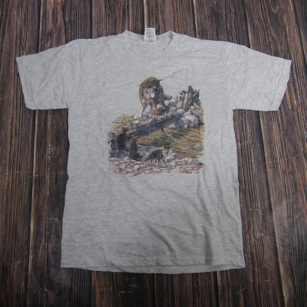 Wolf Pack Shirt Mens Medium Gray‎ Jerzees Wildlife Graphic Tee Animal Nature VTG